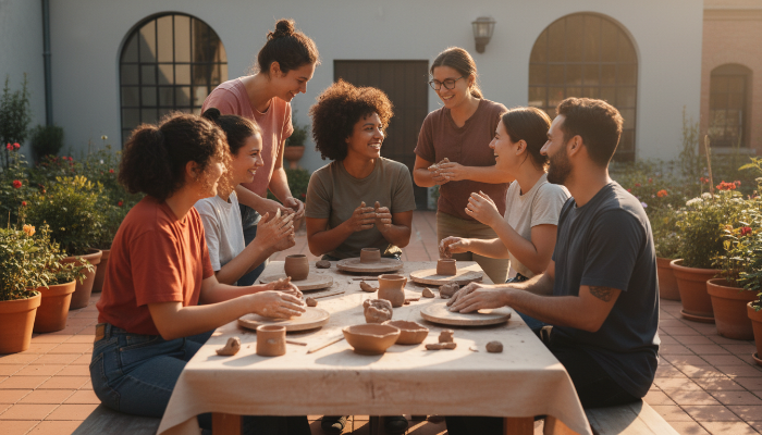 동호회 활동 중 자연스럽게 서로에게 미소 짓는 남녀. 편안하고 즐거운 분위기.