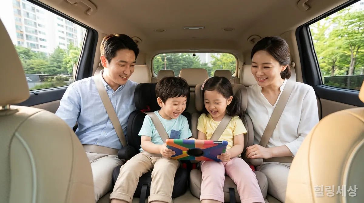 안전벨트를 착용하고 즐겁게 차에 앉아있는 한국 가족