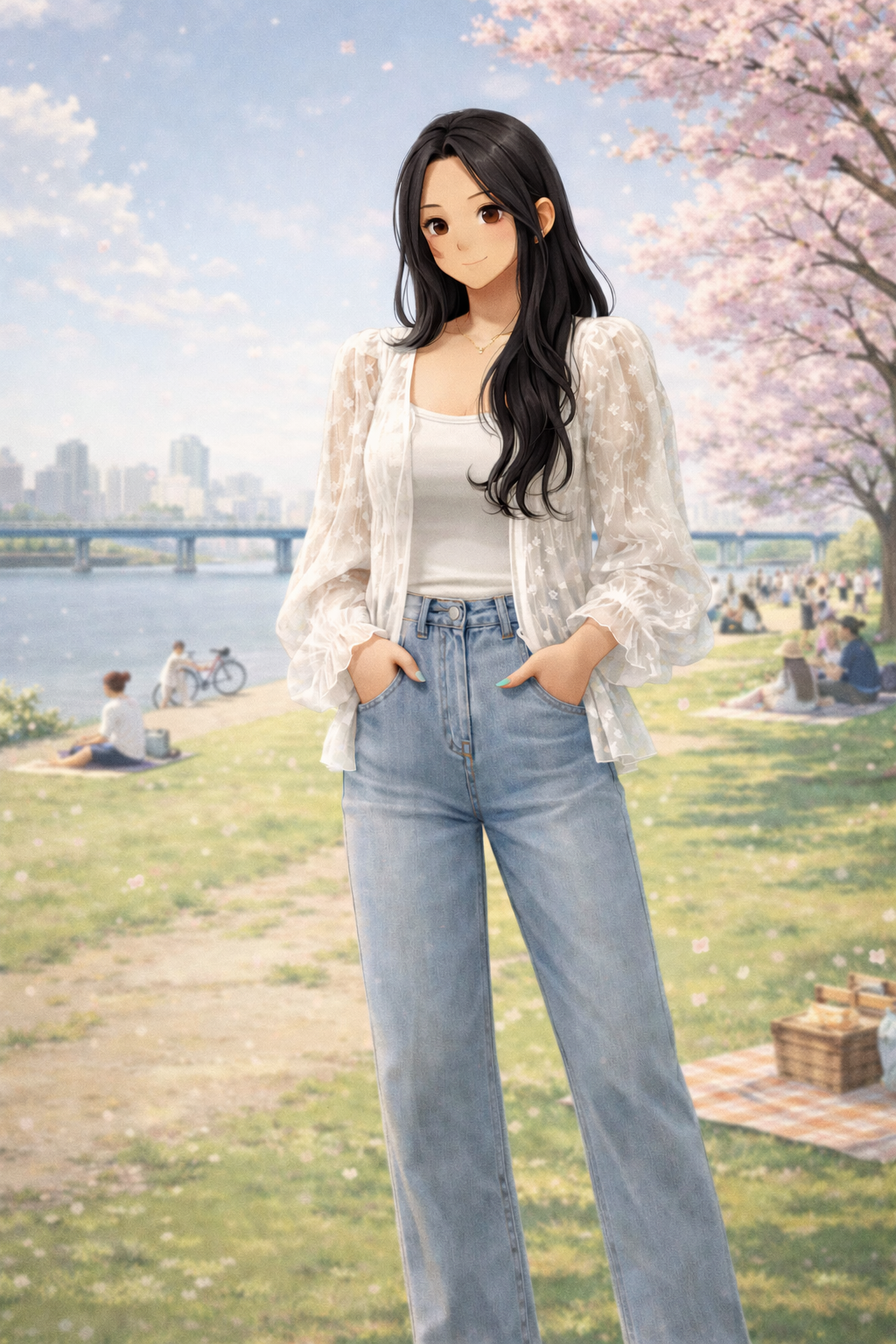 lace cardigan with denim pants outfit
casual feminine spring denim look
soft lace cardigan daily outfit