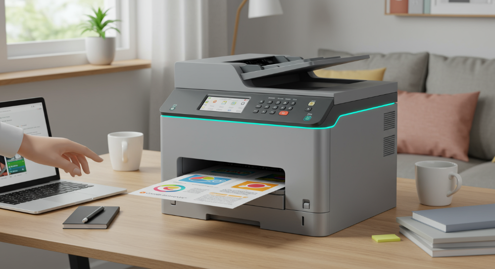 깔끔한 작업 공간에 놓인 현대적인 레이저 프린터가 생생한 컬러 문서를 출력하고 있고, 노트북에서 무선으로 연결하는 손이 보인다. 프린터 주변에는 효율성과 연결성을 강조하는 틸과 라이트그레이 색상의 요소들이 배치되어 있다.