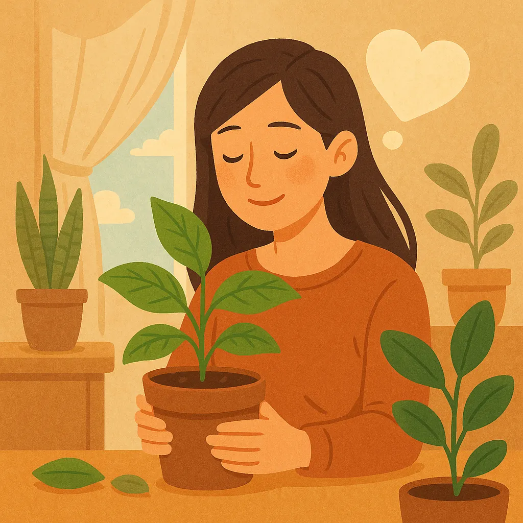 창가-옆에서-화분을-소중히-안고-미소짓는-여성의-모습으로,-식물을-돌보는-행위가-정서적-안정과-심리적-휴식을-주는-효과를-자연스럽게-표현한-일러스트