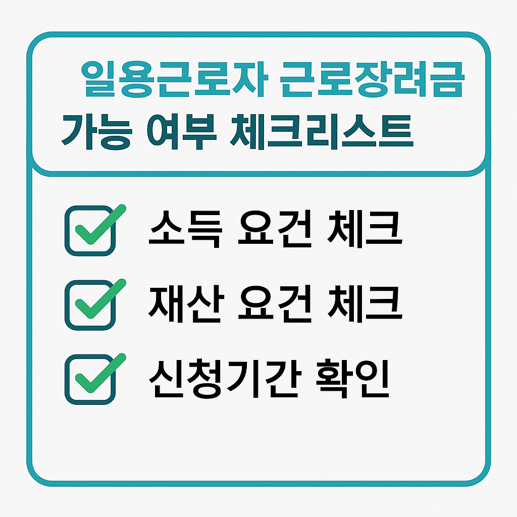 일용근로자 근로장려금 가능 여부 체크리스트 이미지 – 소득 요건, 재산 요건, 신청기간 확인 항목을 정리한 안내 그래픽