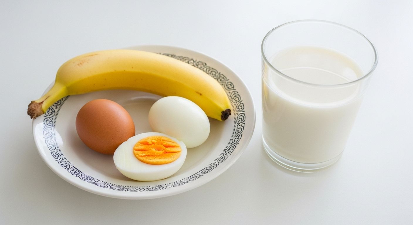 삶은 달걀과 바나나&amp;#44; 두유로 구성된 한국식 다이어트 식단