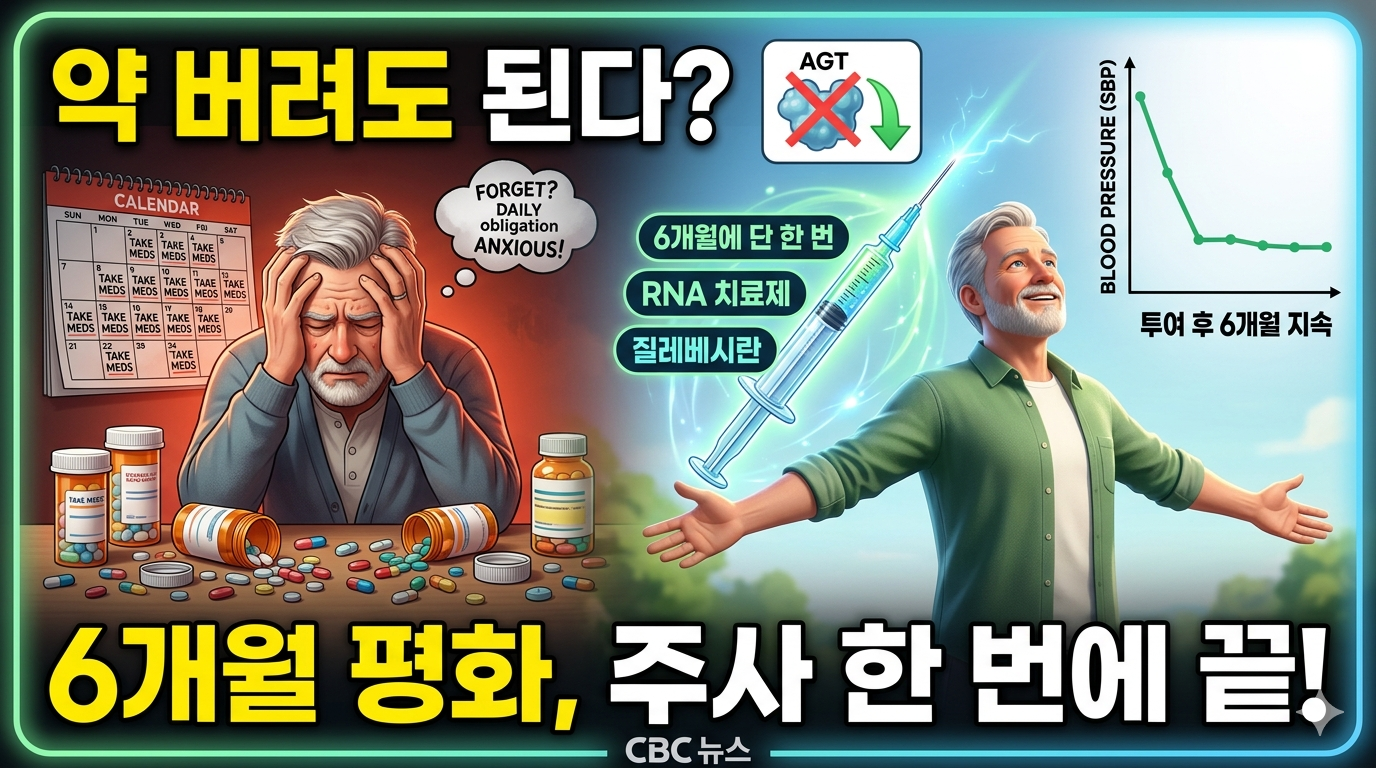 매일 수많은 알약을 복용하며 스트레스를 받는 노년 남성과 주사 한 번으로 고혈압에서 해방되어 활기차게 웃는 남성의 모습을 대비시킨 썸네일 이미지입니다. 이미지에는 '약 버려도 된다?', '6개월 평화, 주사 한 번에 끝!', '6개월에 단 한 번 RNA 치료제 질레베시란'이라는 문구와 함께 급격히 하강하는 혈압 그래프가 포함되어 있습니다.