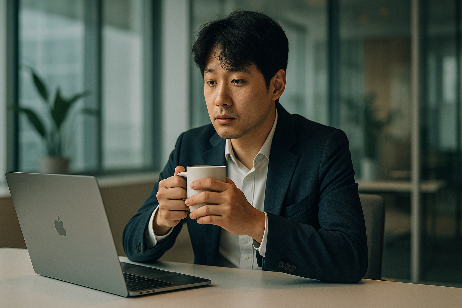휴가 증후군으로 피곤해 보이는 직장인이 사무실 책상에서 커피를 마시며 업무 복귀를 준비하는 모습"