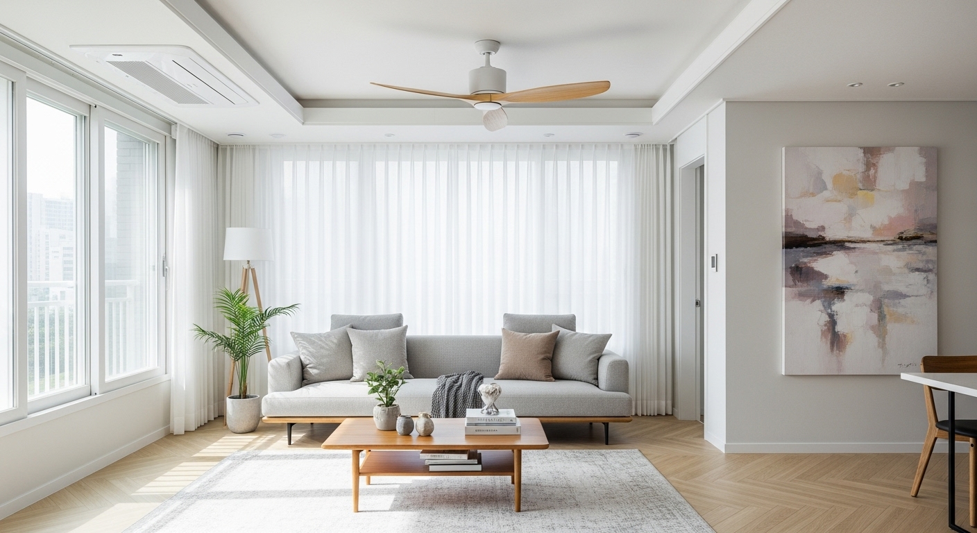 동대문구 신축 쓰리룸 아파트의 넓고 밝은 거실. 시스템 에어컨과 실링 팬이 설치되어 있으며, 큰 창문으로 채광이 좋습니다.(이해를 돕기 위해 첨부된 이미지이며, 본문 내용과 무관합니다.)