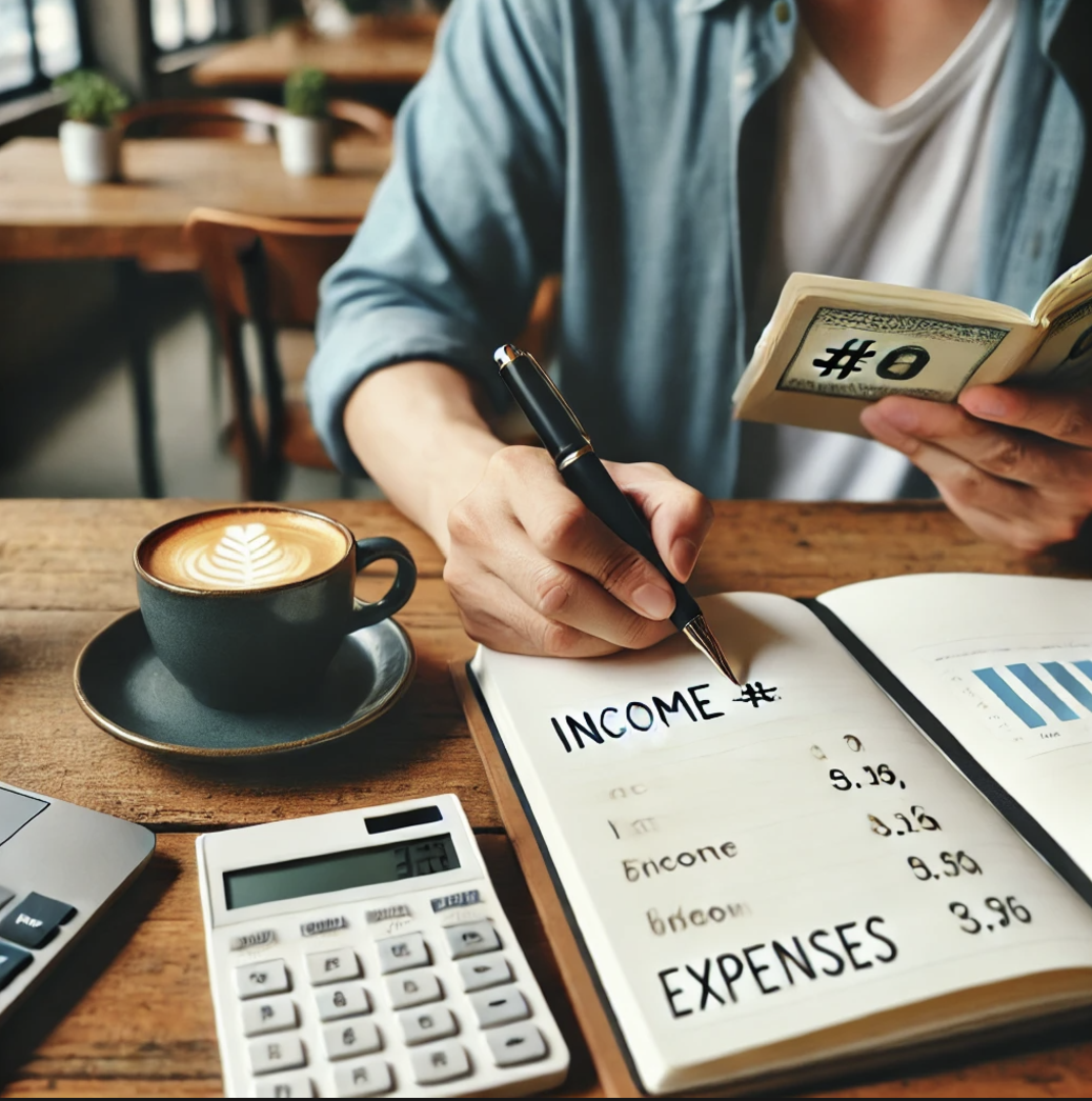 소득세신고를 위해 수입과 지출에 대해 기록하는 장면