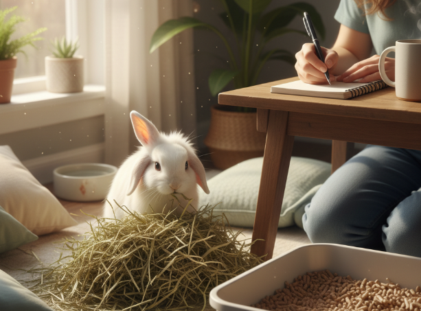 건초를 씹어먹는 토끼와 무엇가를 메모하는 주인 이미지