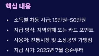 2025 전국민 민생지원금 1차지급 지급방식 및 사용처 - 핵심 내용
