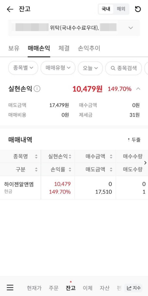 하이젠알앤엠 매매손익