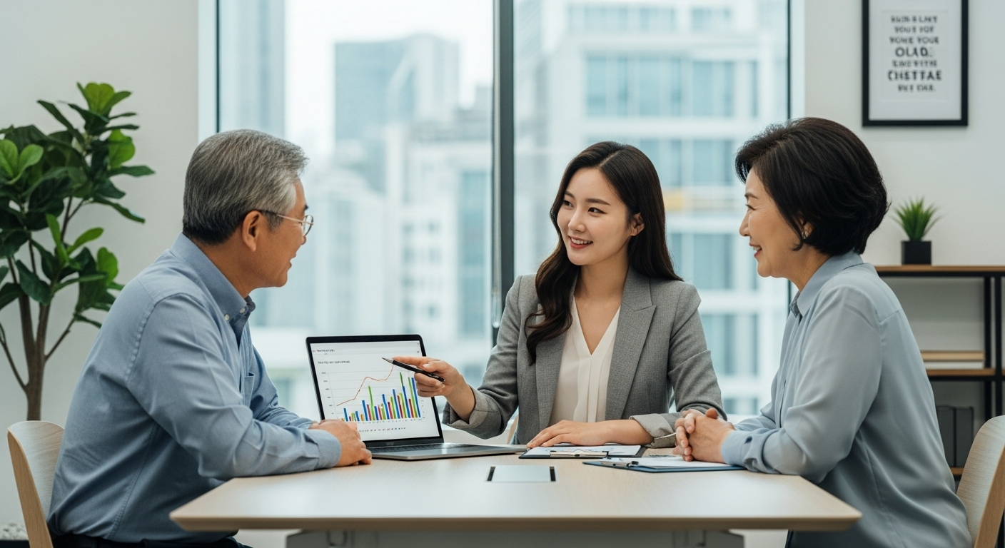 밝은 사무실에서 전문적인 여성 금융 전문가가 노트북 그래프를 보여주며 노부부에게 주택연금에 대해 신뢰감 있게 상담해주고 있는 모습.