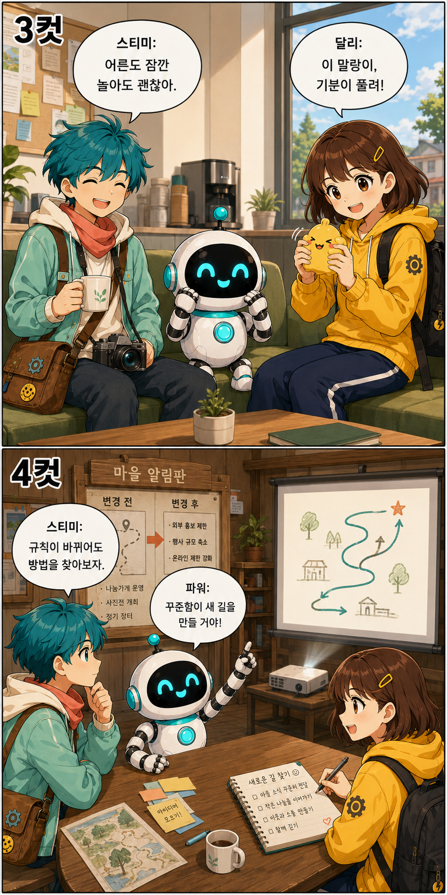 달리가 노란 말랑이로 잠시 휴식하고, 바뀐 규칙에 맞춰 새로운 방법을 찾는 세 친구의 웹툰 장면