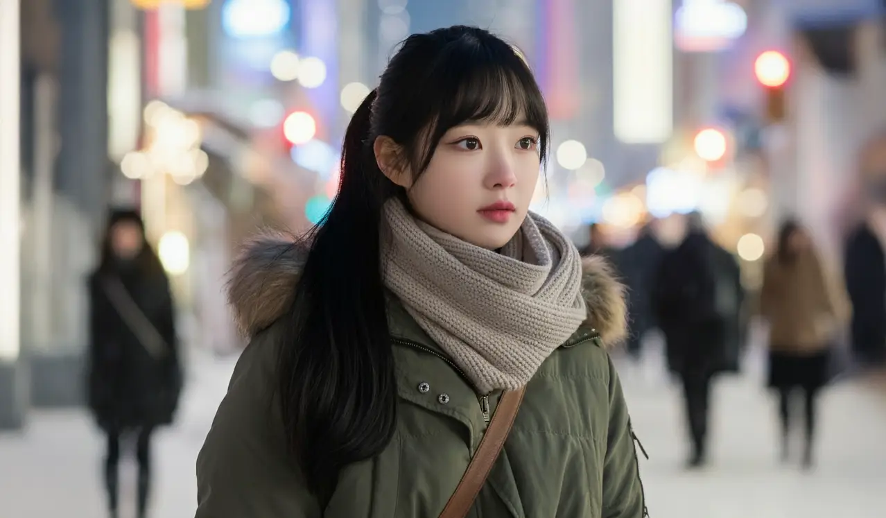 눈 오는 거리의 여성