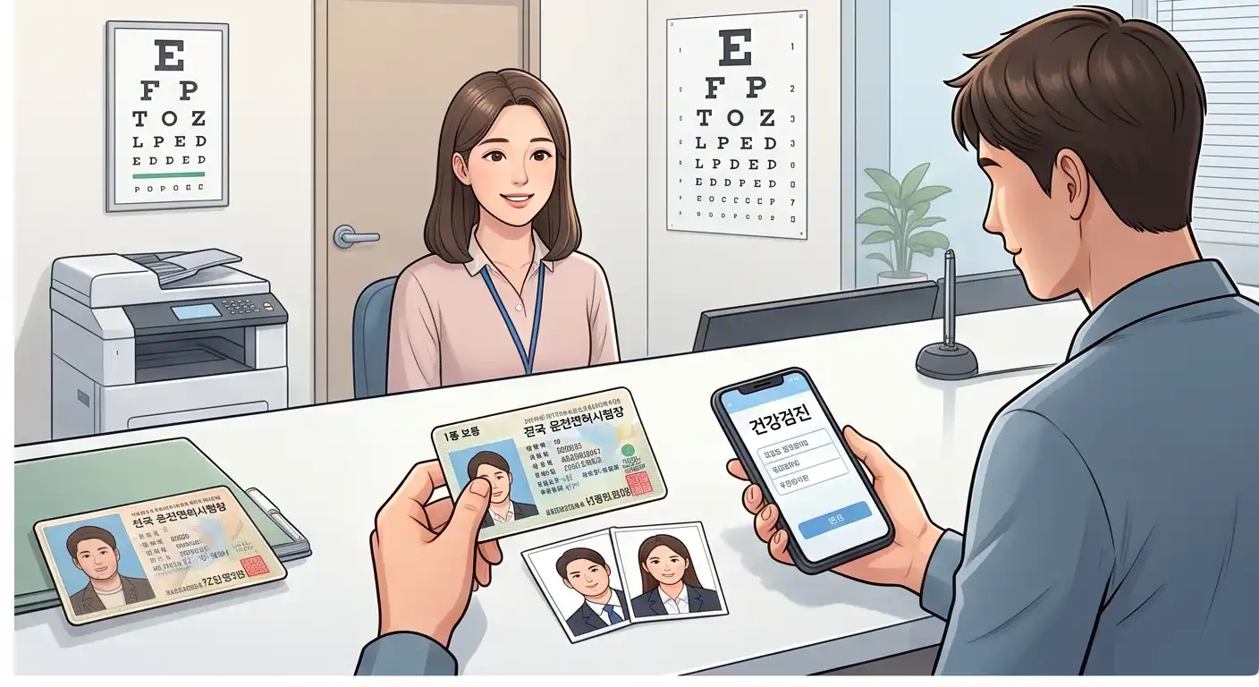 운전면허시험장 창구에서 기존 면허증, 신분증, 증명사진 및 건강검진 결과를 제출하는 모습
