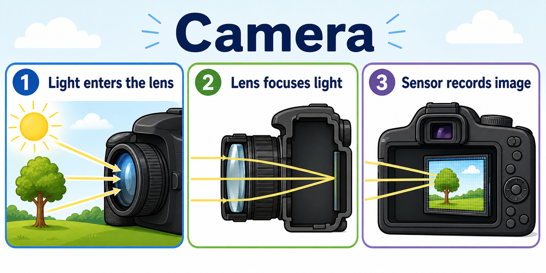 Infographic explaining how a camera lens and sensor record an image