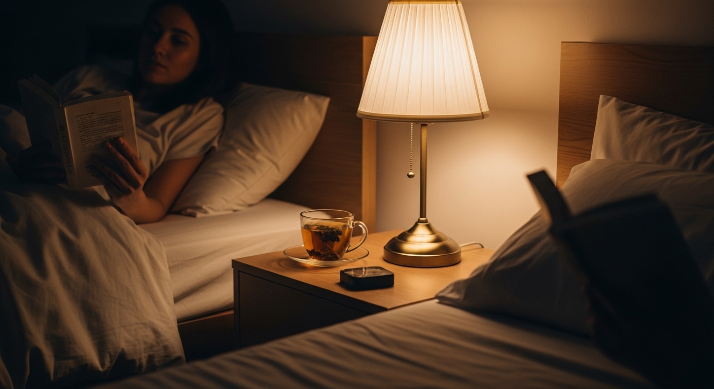 잠들기 전 독서를 하며 편안한 수면 의식을 실천하는 모습