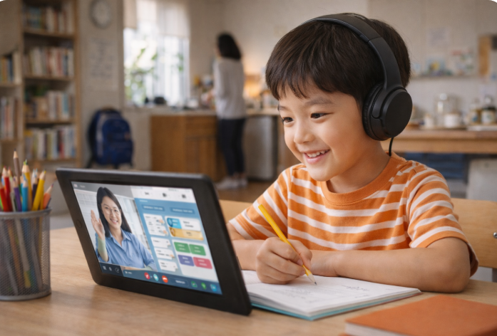 온라인 수업을 듣는 어린 남학생이 태블릿 화면을 보며 노트에 필기하고 있는 모습