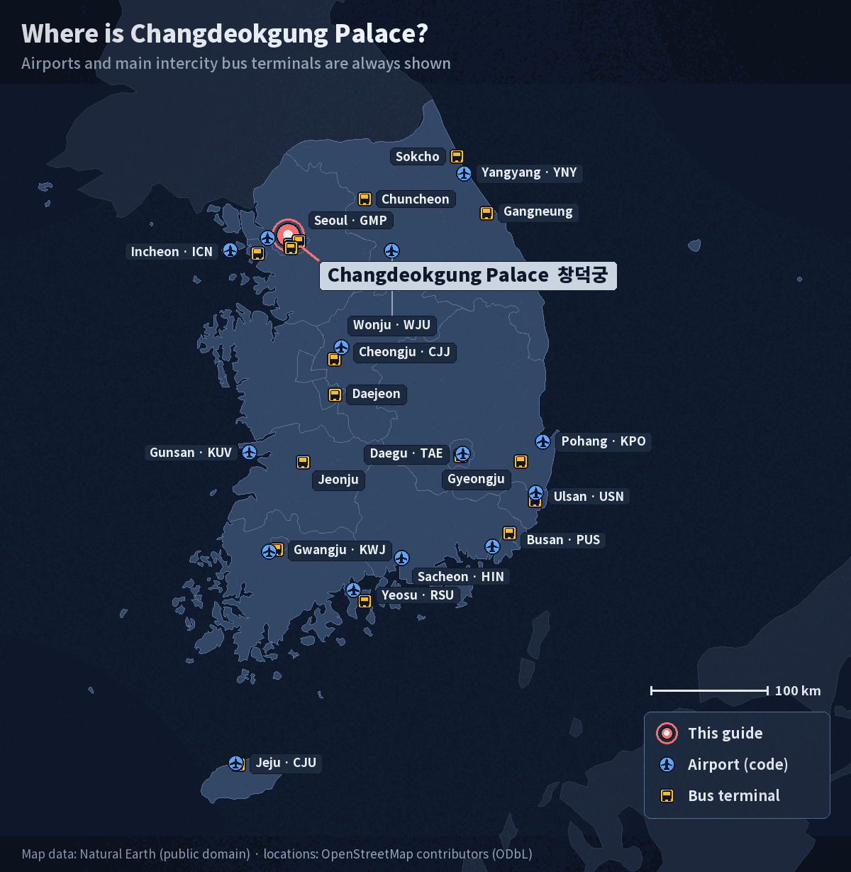 Map of South Korea with Changdeokgung Palace marked in central Seoul, showing Korea's airports and main intercity bus terminals