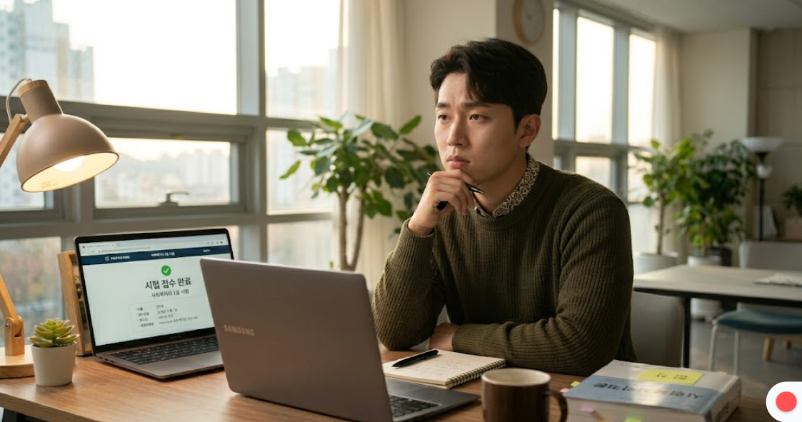 노트북 화면에 띄워진 사회복지사 1급 시험 접수 완료 페이지와 고민하는 표정의 남성