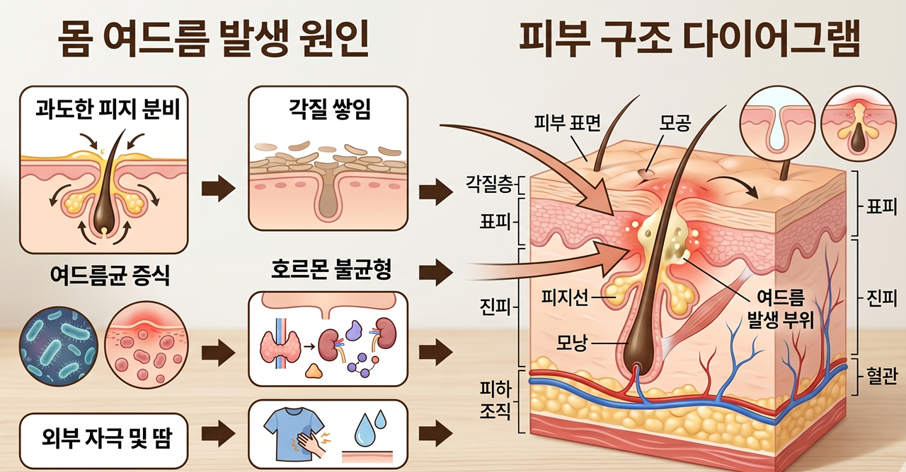 몸 여드름 발생 원인과 피부 구조 다이어그램 (Body acne causes and skin structure diagram)