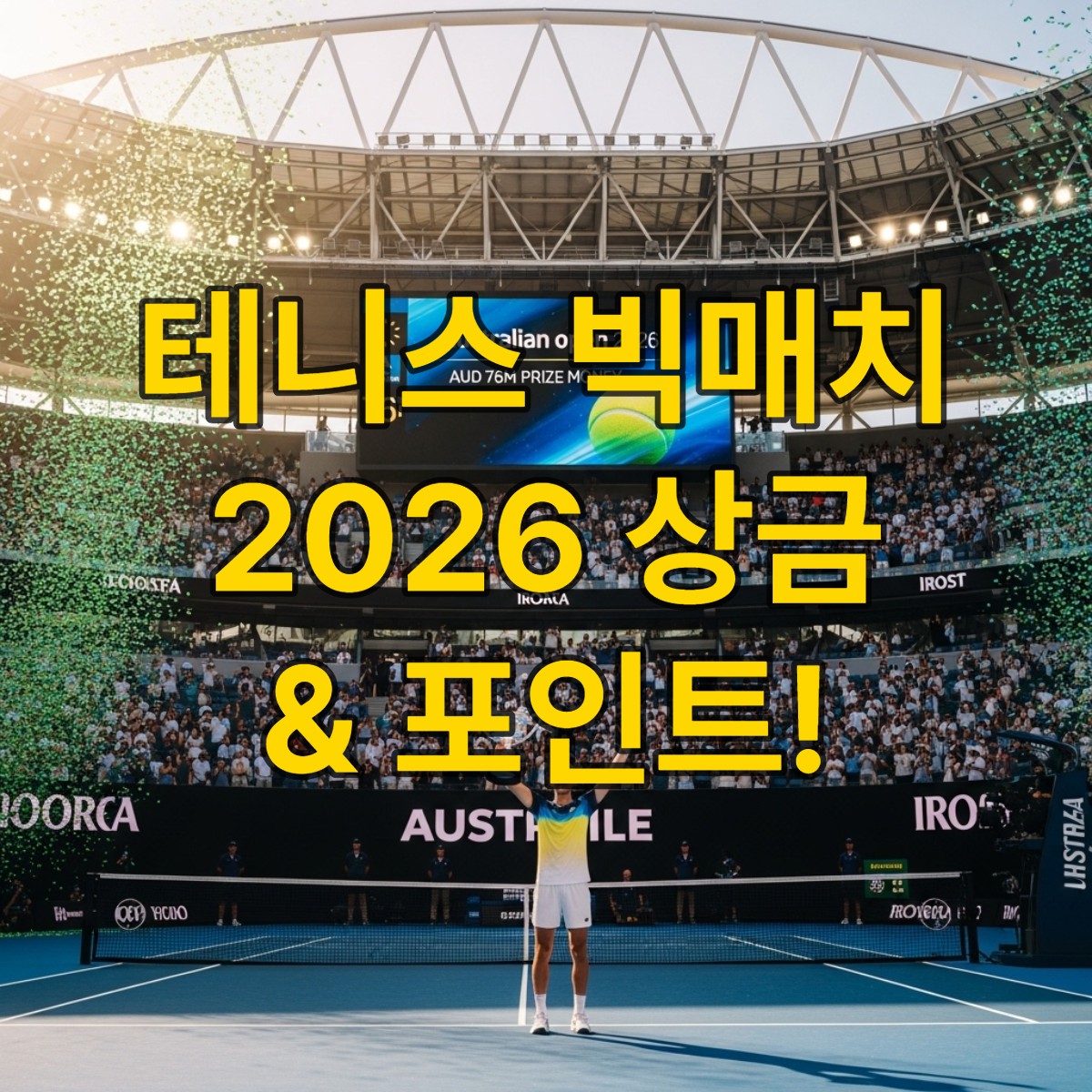 2026 호주 오픈 테니스 대회, 웅장한 경기장에서 승리한 선수가 트로피를 들고 환호하는 모습, 11150만 호주 달러 상금 전광판이 보이는 역동적인 장면.