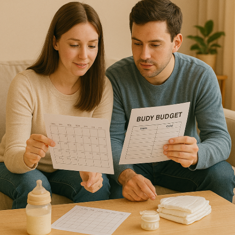 육아 비용 계획을 세우고 있는 엄마, 아빠의 사진