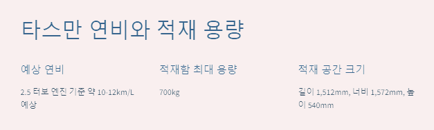 타스만 연비와 적재 용량