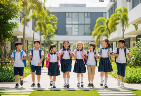 2025년 베트남 국제학교와 한국 사교육비 비교를 상징하는, 베트남의 현대적이고 푸른 국제학교 캠퍼스를 활기차게 걷는 다양한 국적의 아이들