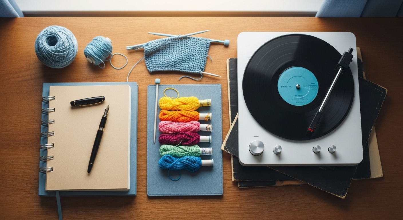 다채로운 아날로그 취미 용품들(저널, 만년필, 뜨개질 실, LP 레코드). 새로운 아날로그 취미를 시작하는 영감을 줍니다.
