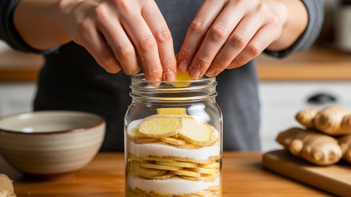 유리병에 생강과 설탕을 켜켜이 담는 생강청 만들기 과정