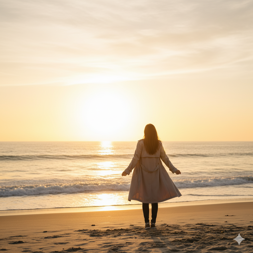 새해 첫 일출을 바라보는 여성의 희망찬 뒷모습.