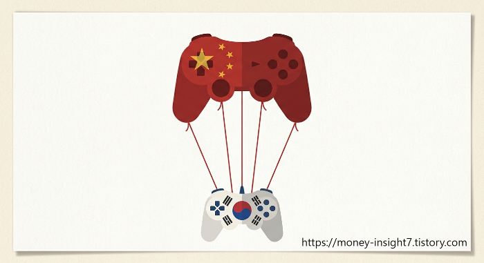 한국과 중국 게임 산업 점유율 격차를 상징하는 일러스트