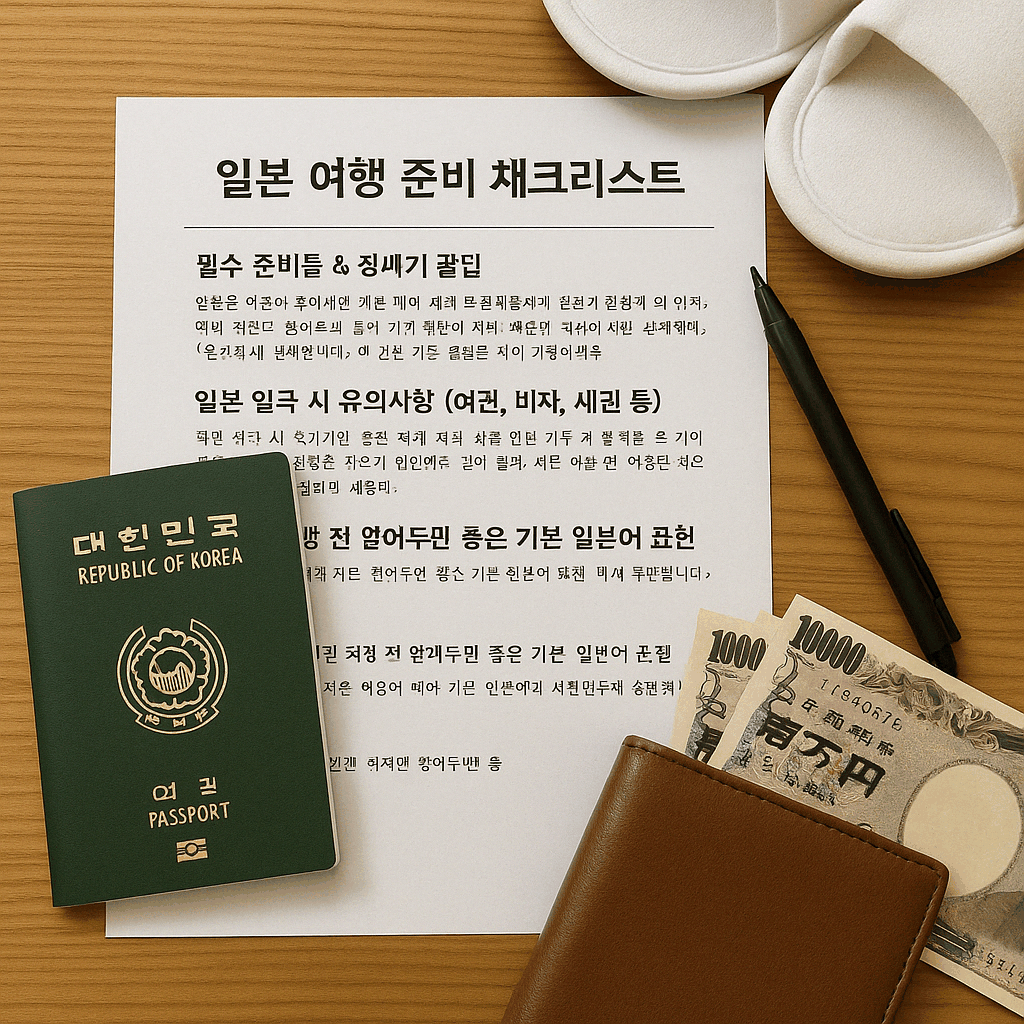일본 여행을 위한 체크리스트와 여권, 엔화, 슬리퍼 등이 깔끔하게 정리된 준비물 이미지