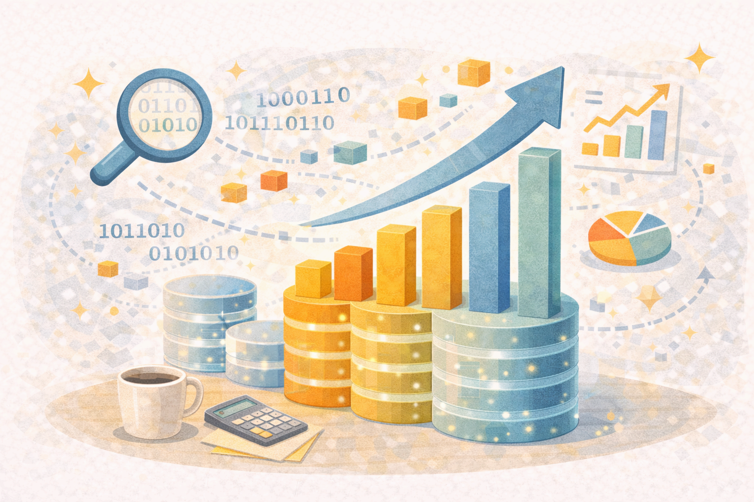 마케팅 데이터를 시각화한 그래프와 아이콘 일러스트