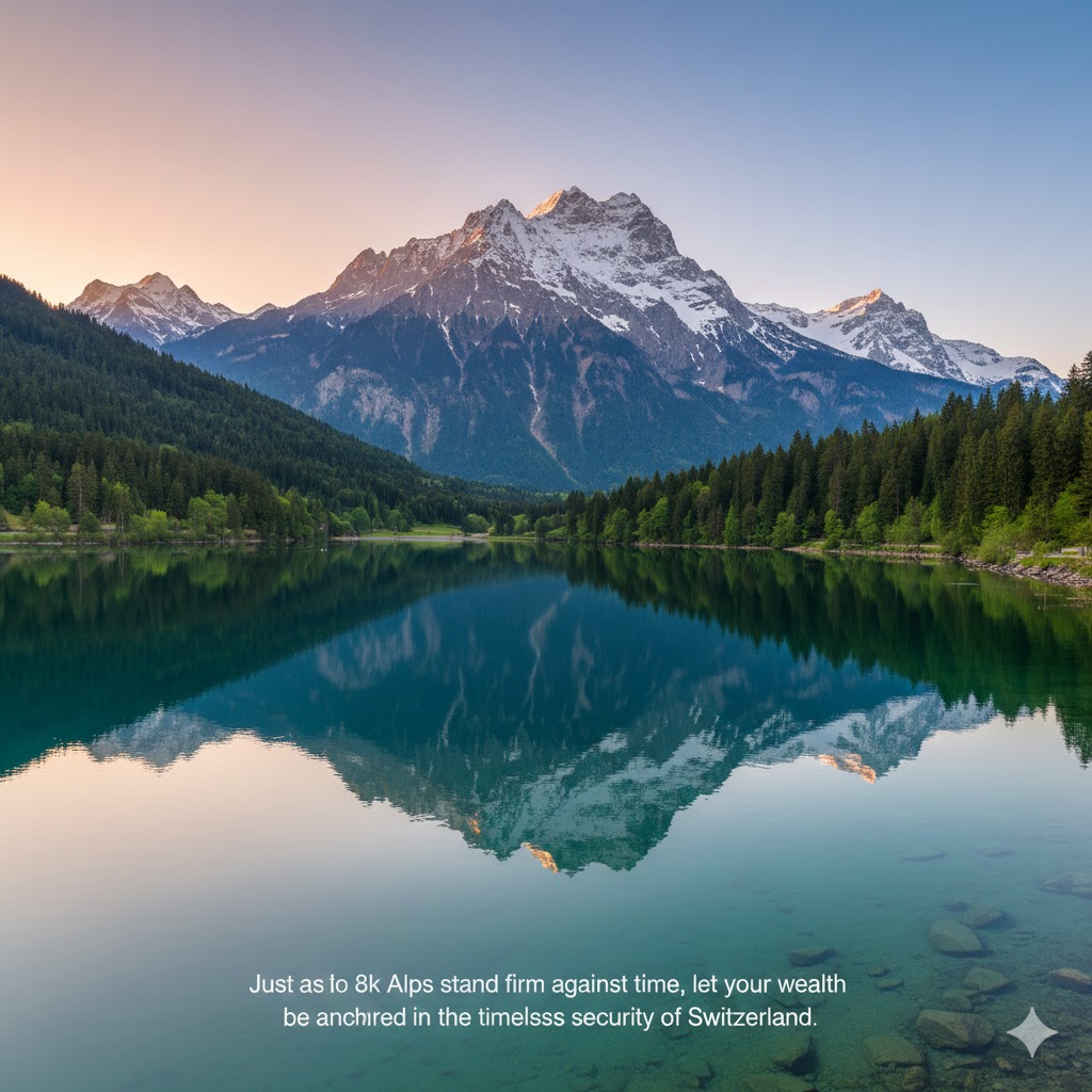 [Magnificent 8k photo of the Swiss Alps reflecting in the calm, crystal clear waters of Lake Zurich at sunrise, symbolizing the dawn of a secure financial era.]