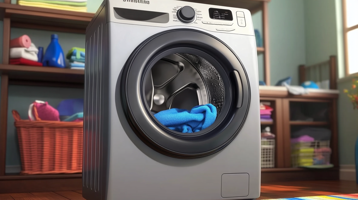 삼성 세탁기의 강력한 회전 기능과 물 효율성을 예술적으로 잡아낸 사진으로, 동적이고 효율적인 작동을 보여줍니다.