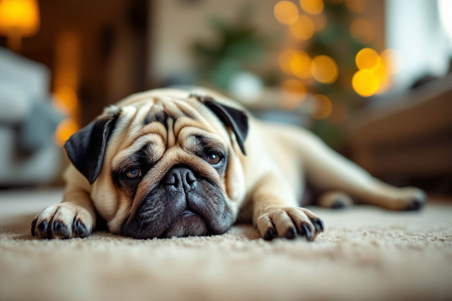 pug dog relaxing on apartment floor