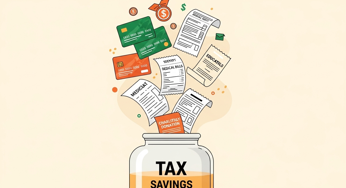 신용카드, 현금영수증, 의료비 등 다양한 공제 항목들이 저금통으로 모이는 모습.