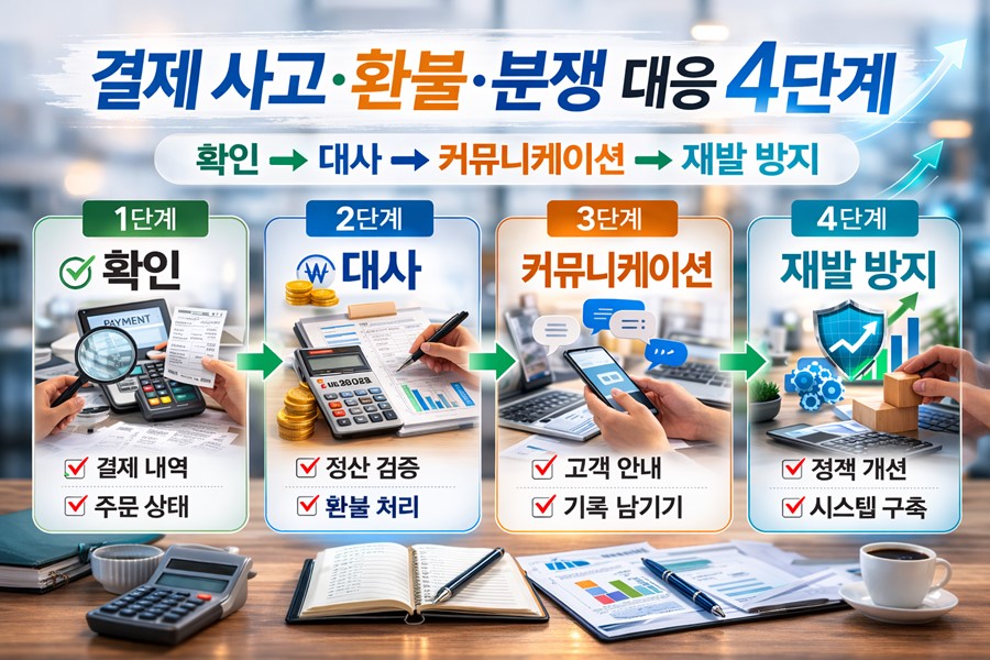 결제 사고와 환불 요청, 차지백 분쟁이 발생했을 때 확인, 정산 대사, 고객 커뮤니케이션, 재발 방지까지 4단계로 대응하는 실전 프로세스를 정리한 인포그래픽입니다.