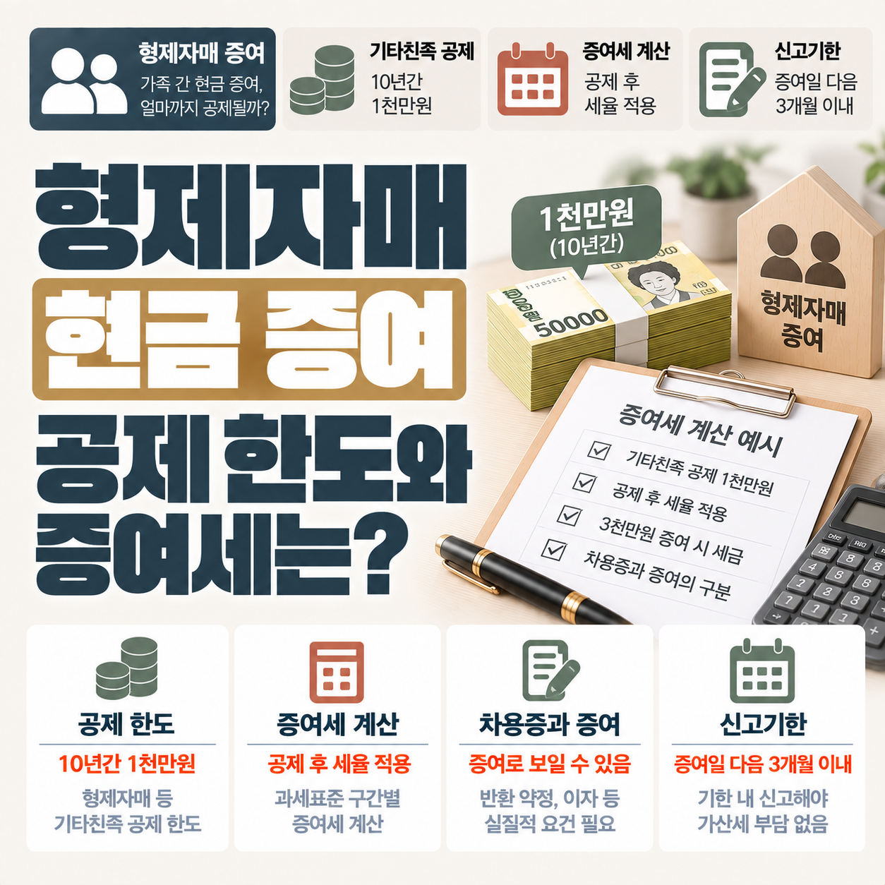형제자매 간 현금 증여 시 기타친족 공제 1천만원과 증여세 계산 기준