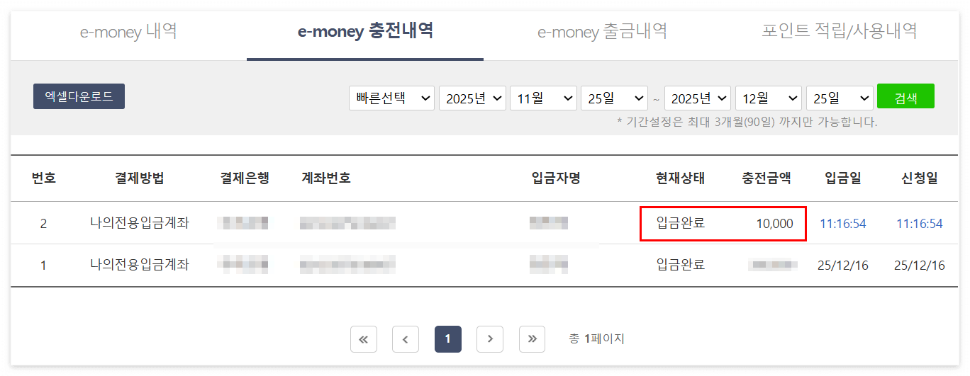 이머니 포인트 현황 > 이머니 충전내역-입금완료