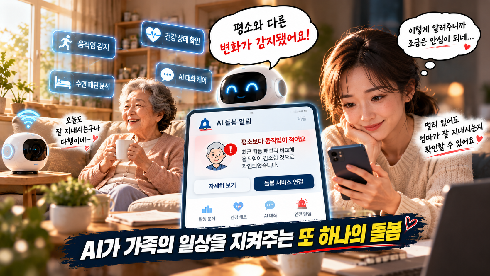 혼자 지내는 부모님의 평소와 다른 생활 변화를 AI가 감지해 가족의 돌봄을 보조하는 모습을 표현한 웹툰 이미지