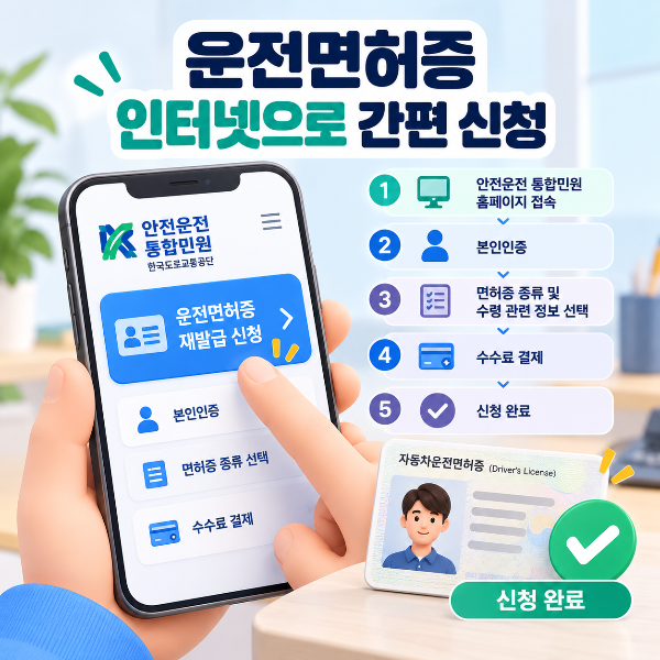 안전운전 통합민원을 통해 운전면허증 재발급을 인터넷으로 신청하는 이미지