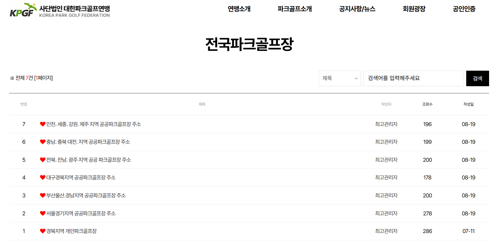 2025 전국 파크골프장 현황
