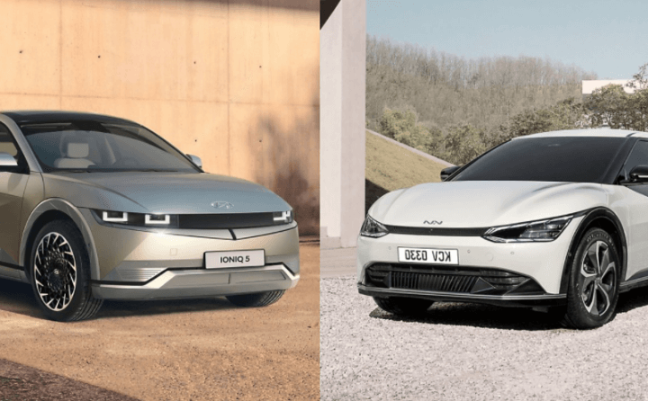 두 경쟁사인 아이오닉5와 자동차가 서로 마주보는 모습의 사진