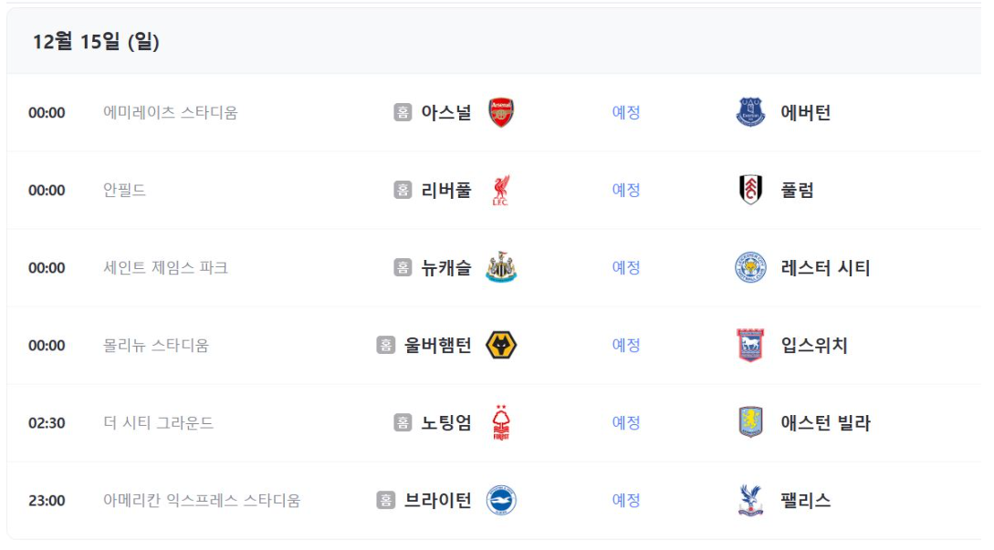 12월15일 일요일 프리미어리그 일정