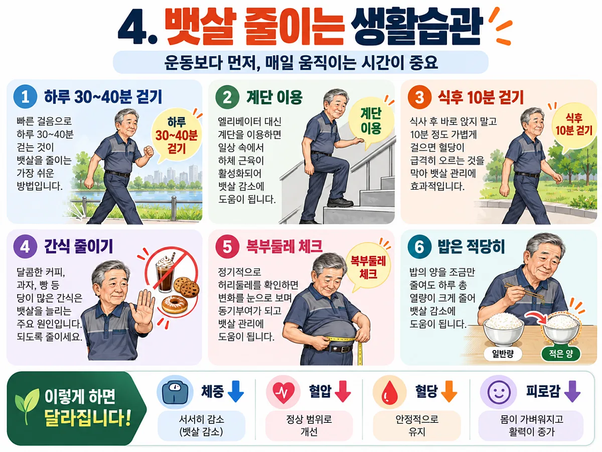 노인 복부비만 관리를 위한 걷기와 허리둘레 측정, 간식 조절 그림