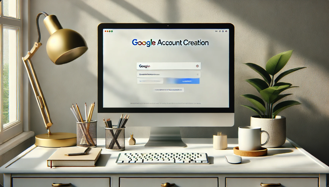 현대적인 작업 공간, 구글 계정 생성 페이지가 보이는 컴퓨터 화면