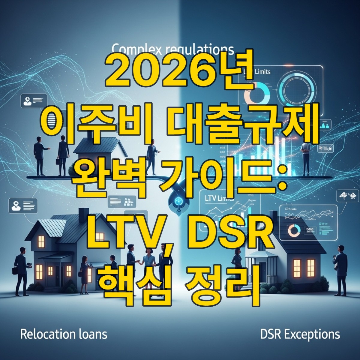2026년 이주비 대출규제와 관련된 복잡한 금융 데이터를 나타내는 추상적인 이미지, LTV와 DSR 제한을 시각적으로 균형 있게 보여줍니다.
