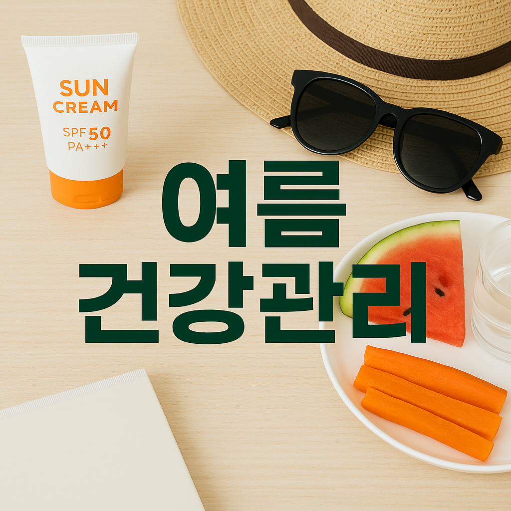 선크림, 모자, 선글라스, 수분 보충 식단이 함께 있는 여름 건강관리 이미지